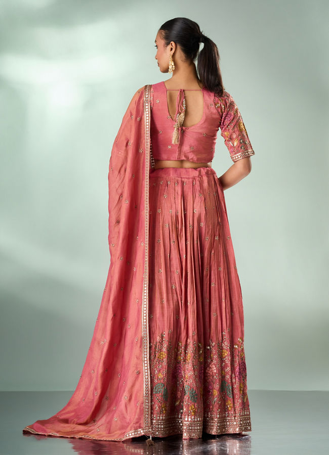 Mohey Women Dusty Pink Tissue Lehenga with Hand Embroidery