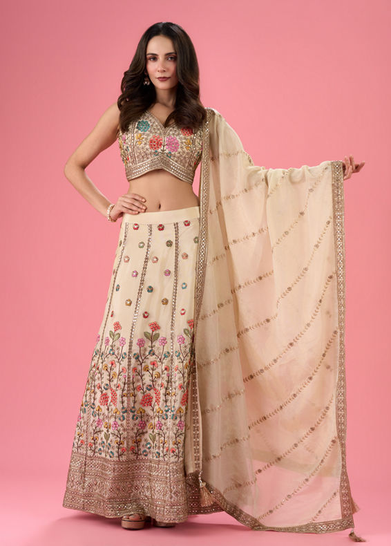 Mohey Women Cream Elegance Tissue Lehenga