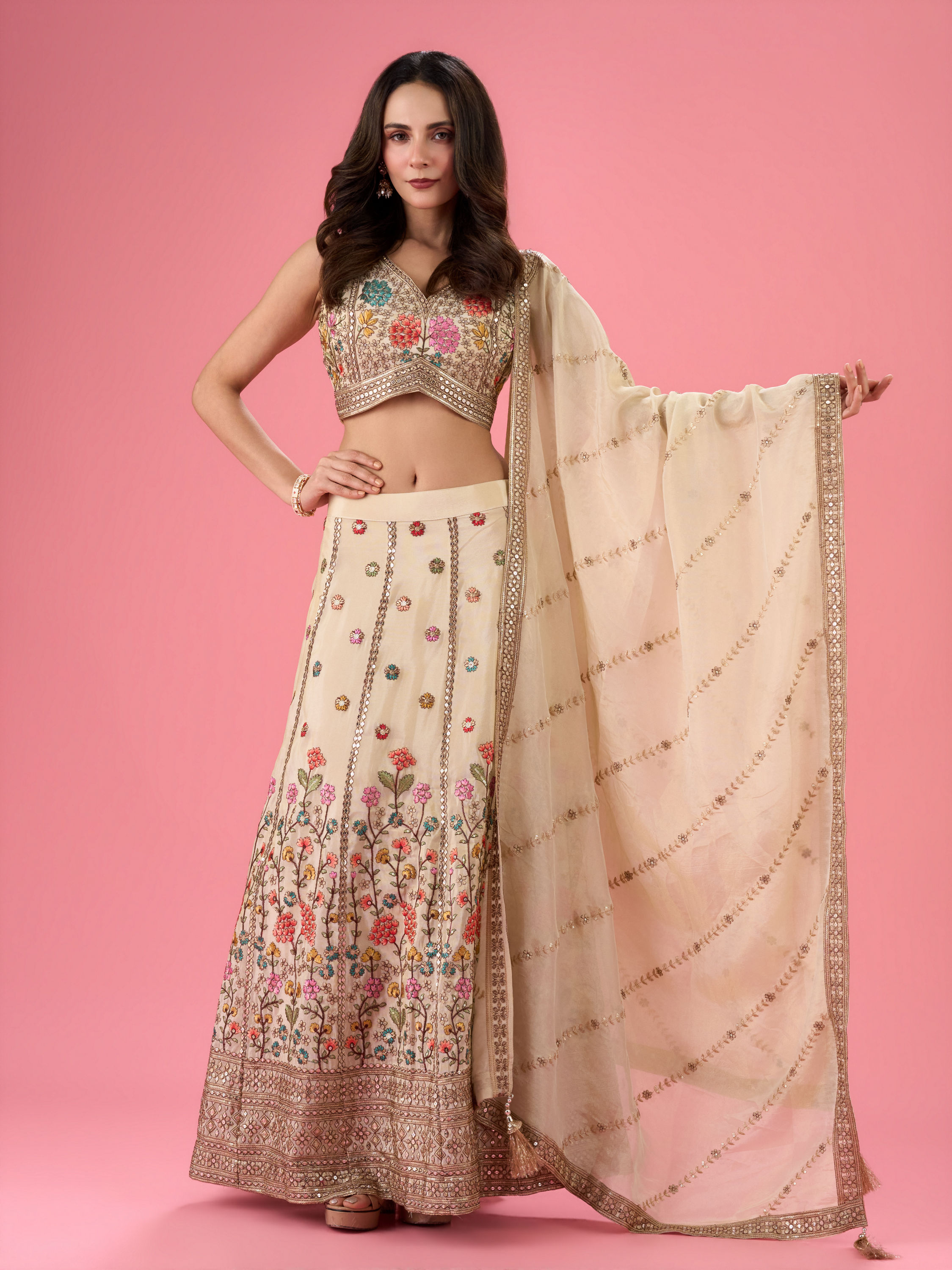 Mohey Women Cream Elegance Tissue Lehenga