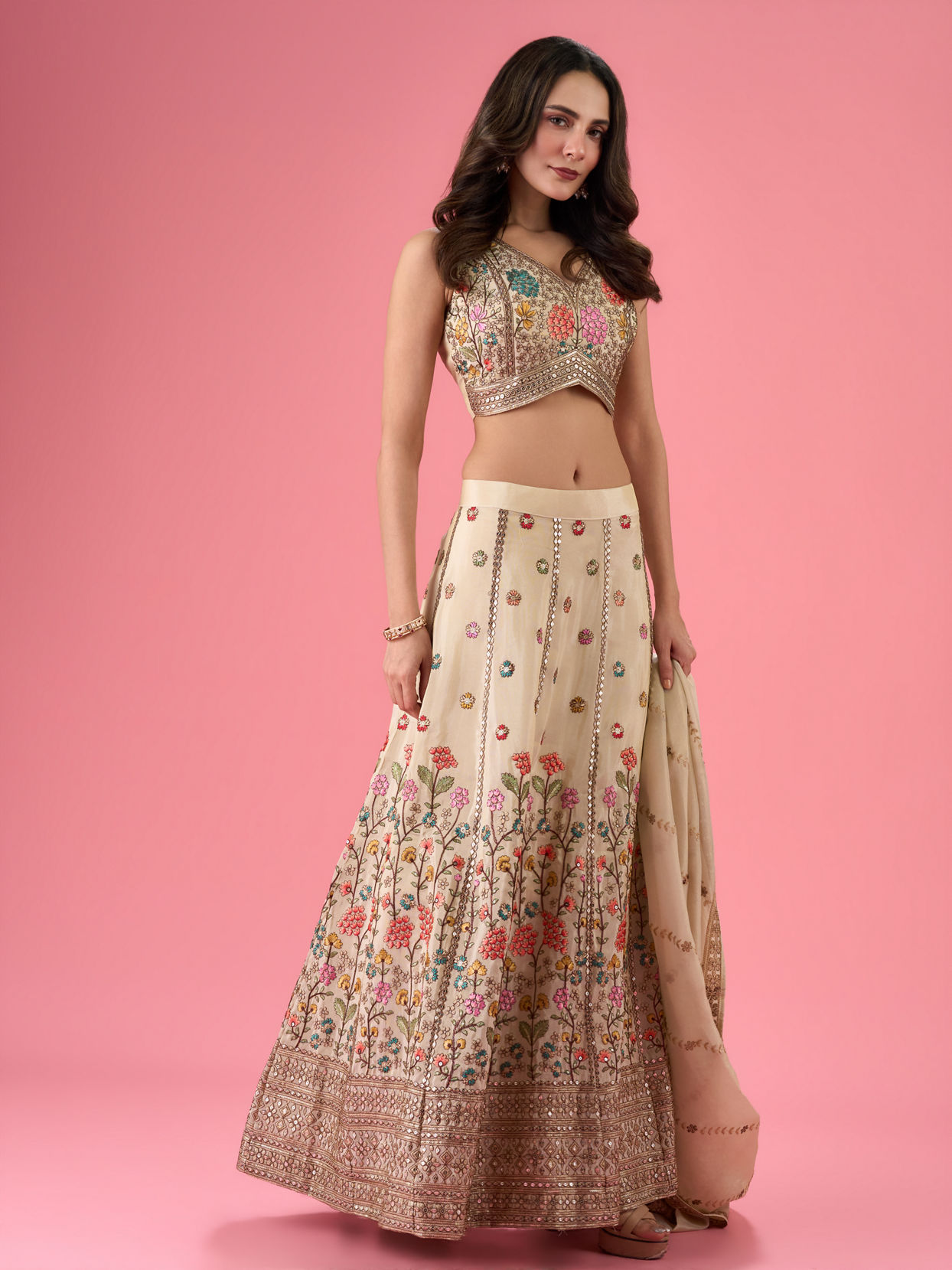 Mohey Women Cream Elegance Tissue Lehenga