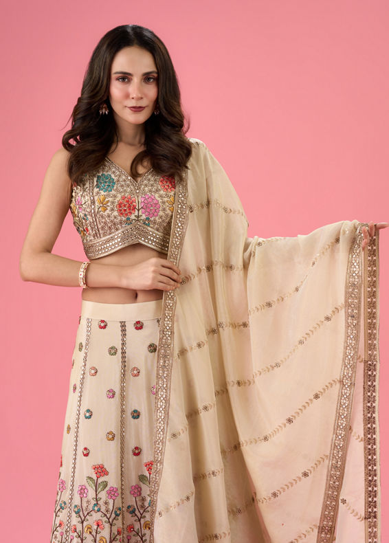 Mohey Women Cream Elegance Tissue Lehenga
