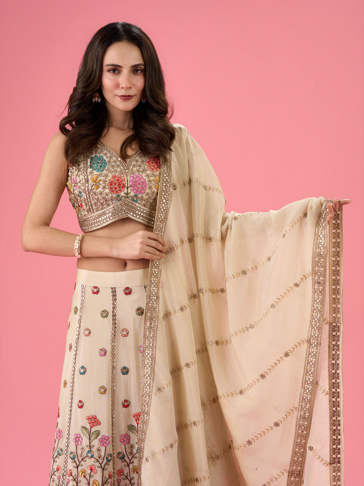 Mohey Women Cream Elegance Tissue Lehenga