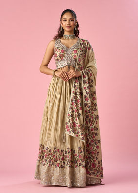 Mohey Women Fawn Organza Lehenga with Floral Embroidery