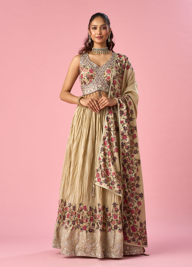 Mohey Women Fawn Organza Lehenga with Floral Embroidery