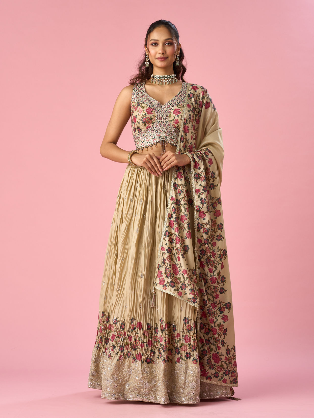 Mohey Women Fawn Organza Lehenga with Floral Embroidery