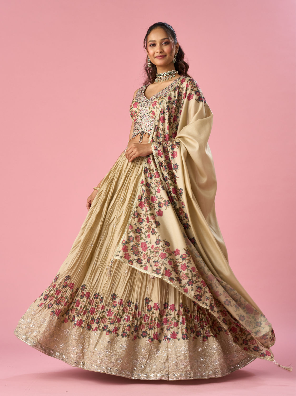 Mohey Women Fawn Organza Lehenga with Floral Embroidery