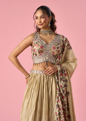Mohey Women Fawn Organza Lehenga with Floral Embroidery