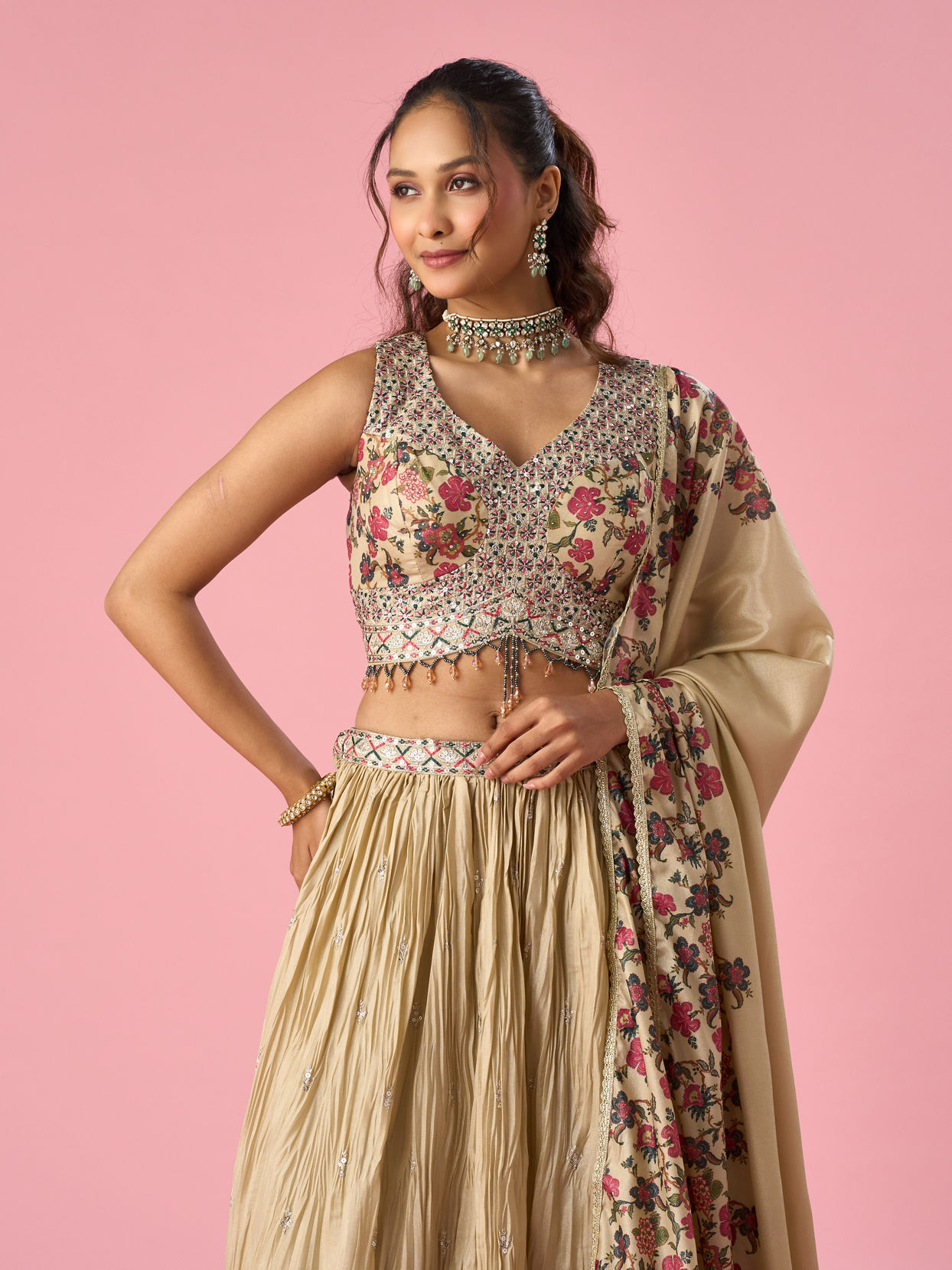 Mohey Women Fawn Organza Lehenga with Floral Embroidery