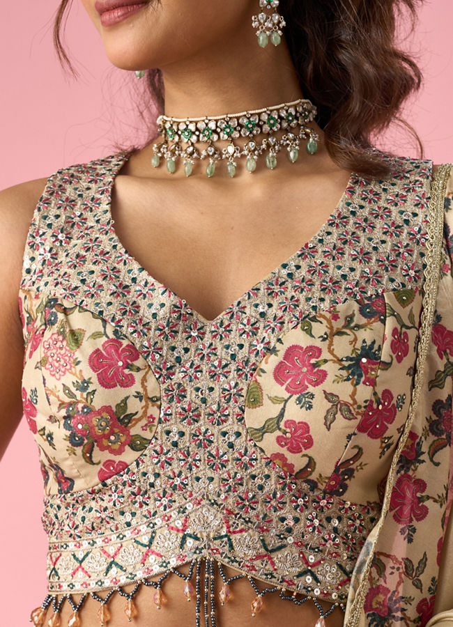 Mohey Women Fawn Organza Lehenga with Floral Embroidery