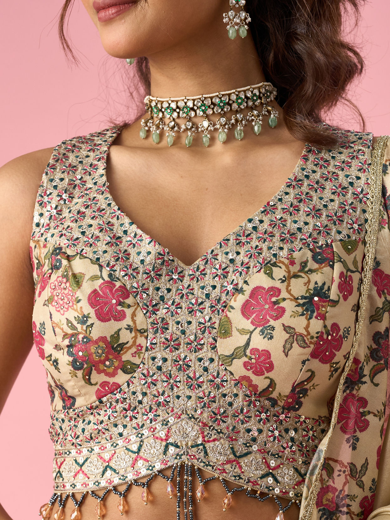 Mohey Women Fawn Organza Lehenga with Floral Embroidery