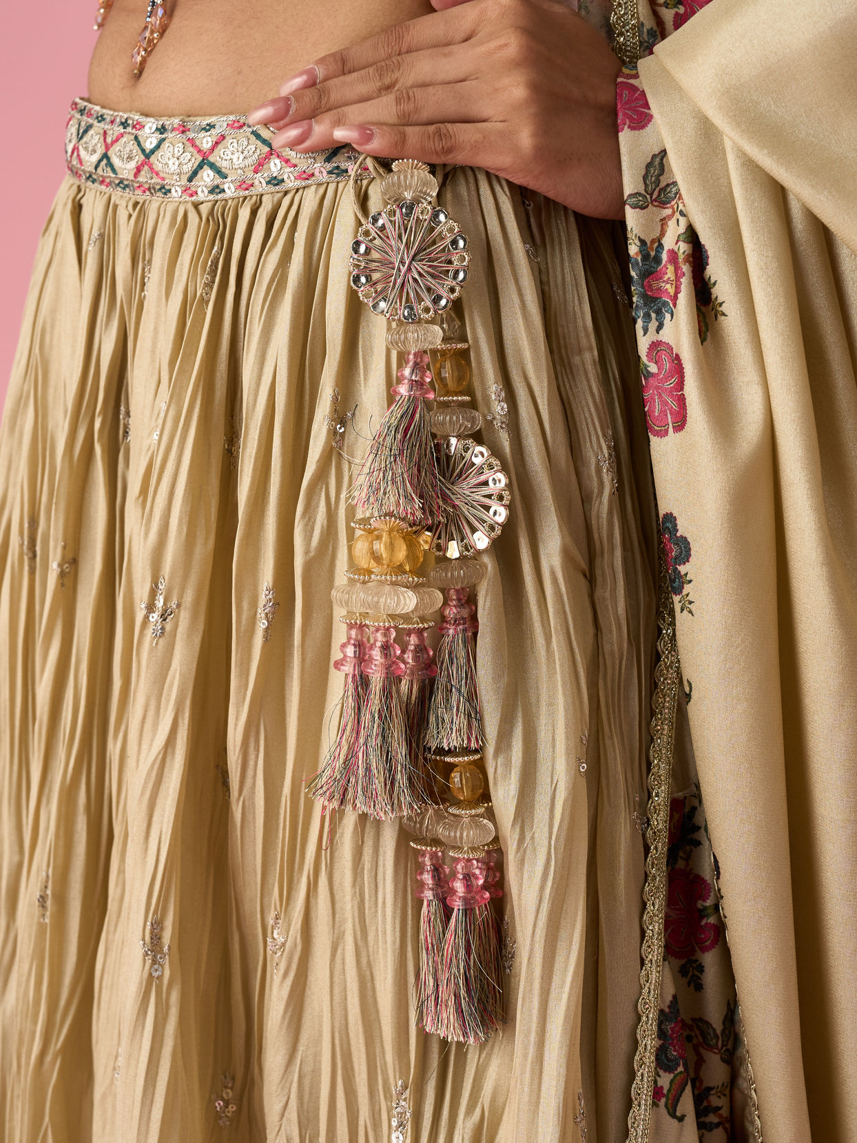 Mohey Women Fawn Organza Lehenga with Floral Embroidery