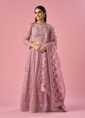 Mohey Women Purple Organza Lehenga with Hand Embroidery