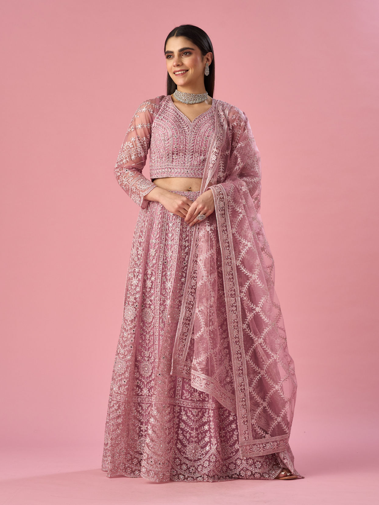 Mohey Women Purple Organza Lehenga with Hand Embroidery