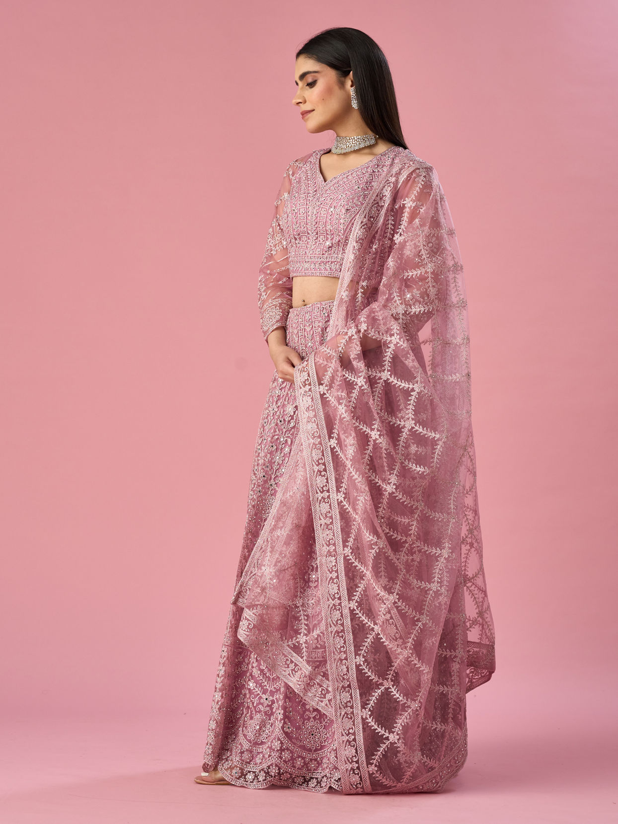 Mohey Women Purple Organza Lehenga with Hand Embroidery