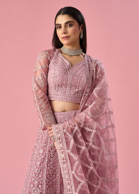 Mohey Women Purple Organza Lehenga with Hand Embroidery