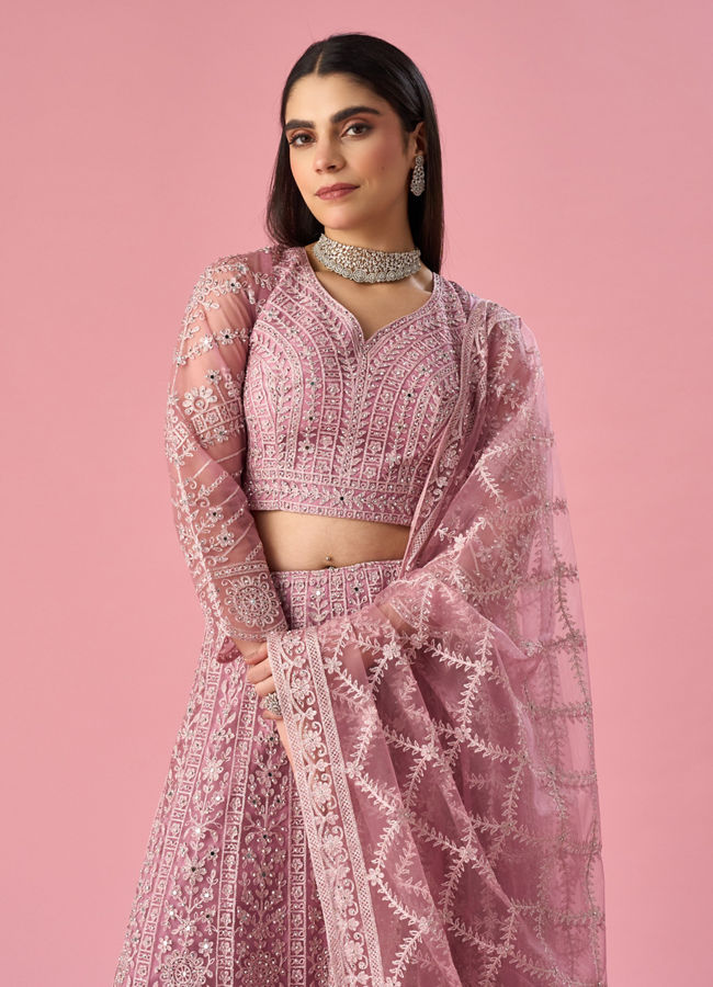 Mohey Women Purple Organza Lehenga with Hand Embroidery