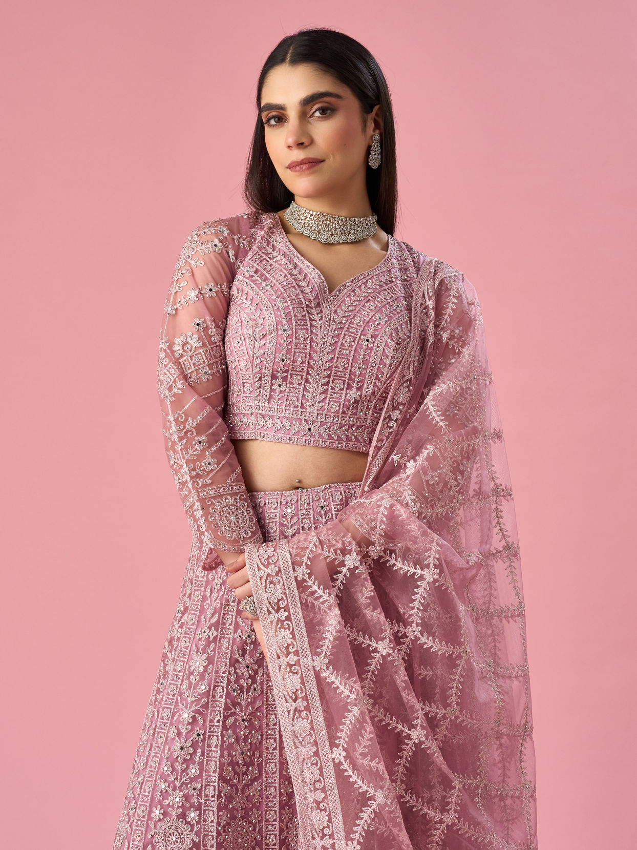 Mohey Women Purple Organza Lehenga with Hand Embroidery