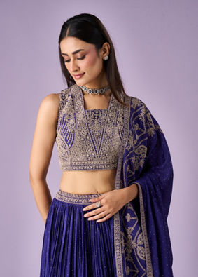 Mohey Women Purple Chinon Lehenga with Moti and Zari Work