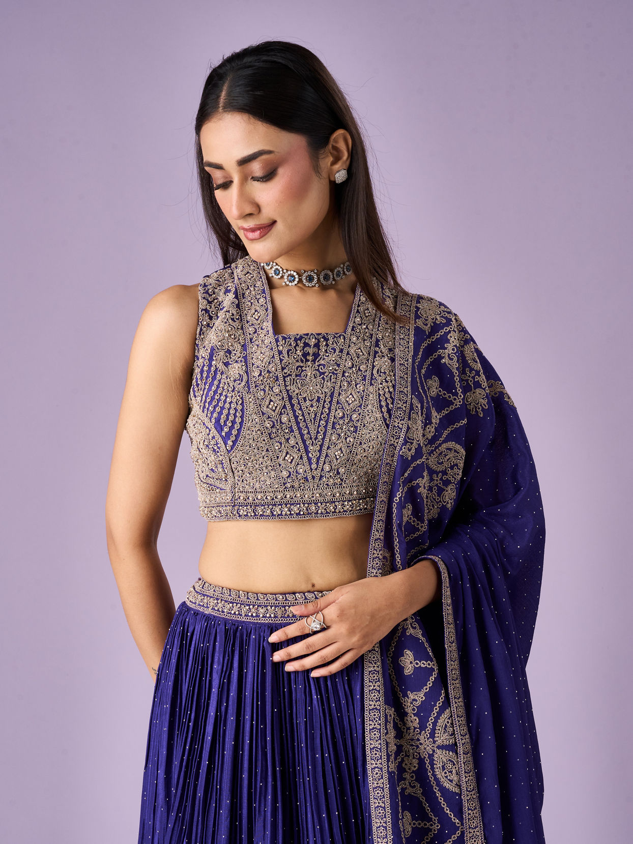 Mohey Women Purple Chinon Lehenga with Moti and Zari Work