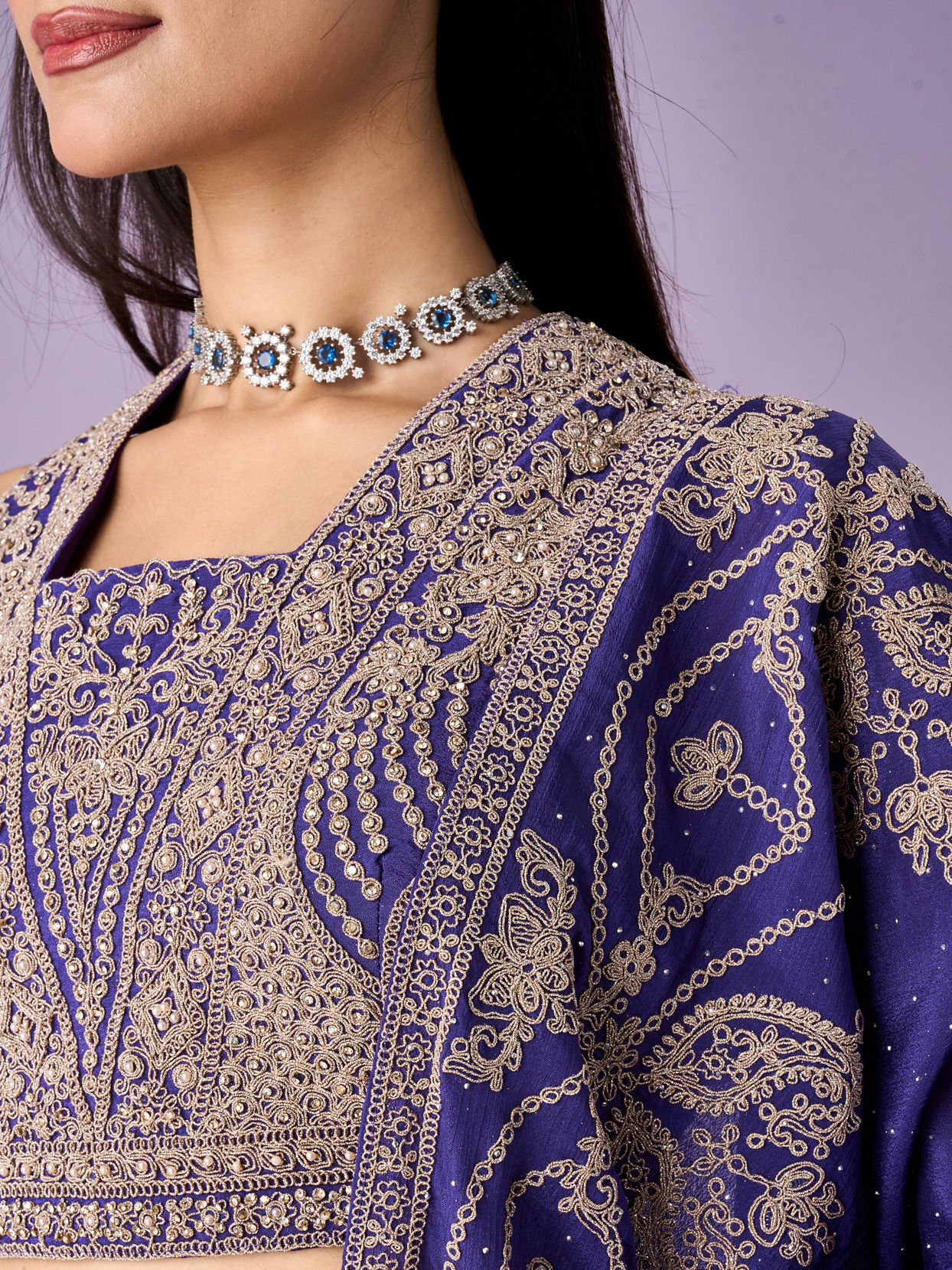 Mohey Women Purple Chinon Lehenga with Moti and Zari Work
