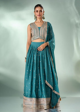 Mohey Women Sea Green Art Silk Lehenga with Sequin Work