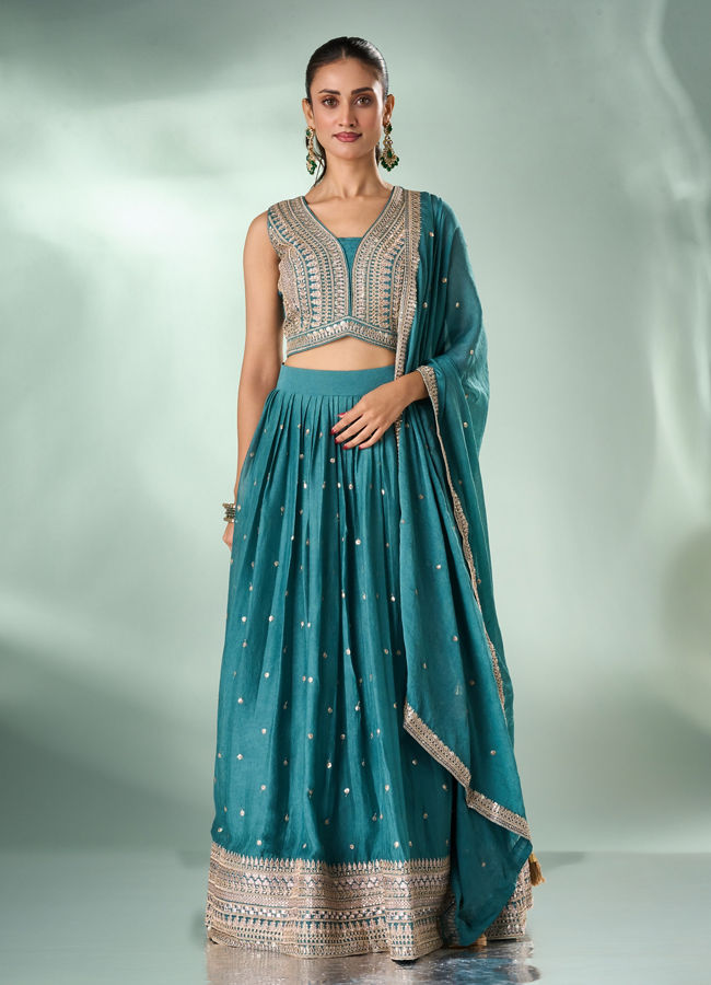Mohey Women Sea Green Art Silk Lehenga with Sequin Work