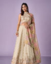 Mohey Women Cream Tissue Lehenga with Mirror Work