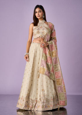 Mohey Women Cream Tissue Lehenga with Mirror Work