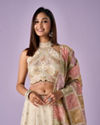 Mohey Women Cream Tissue Lehenga with Mirror Work