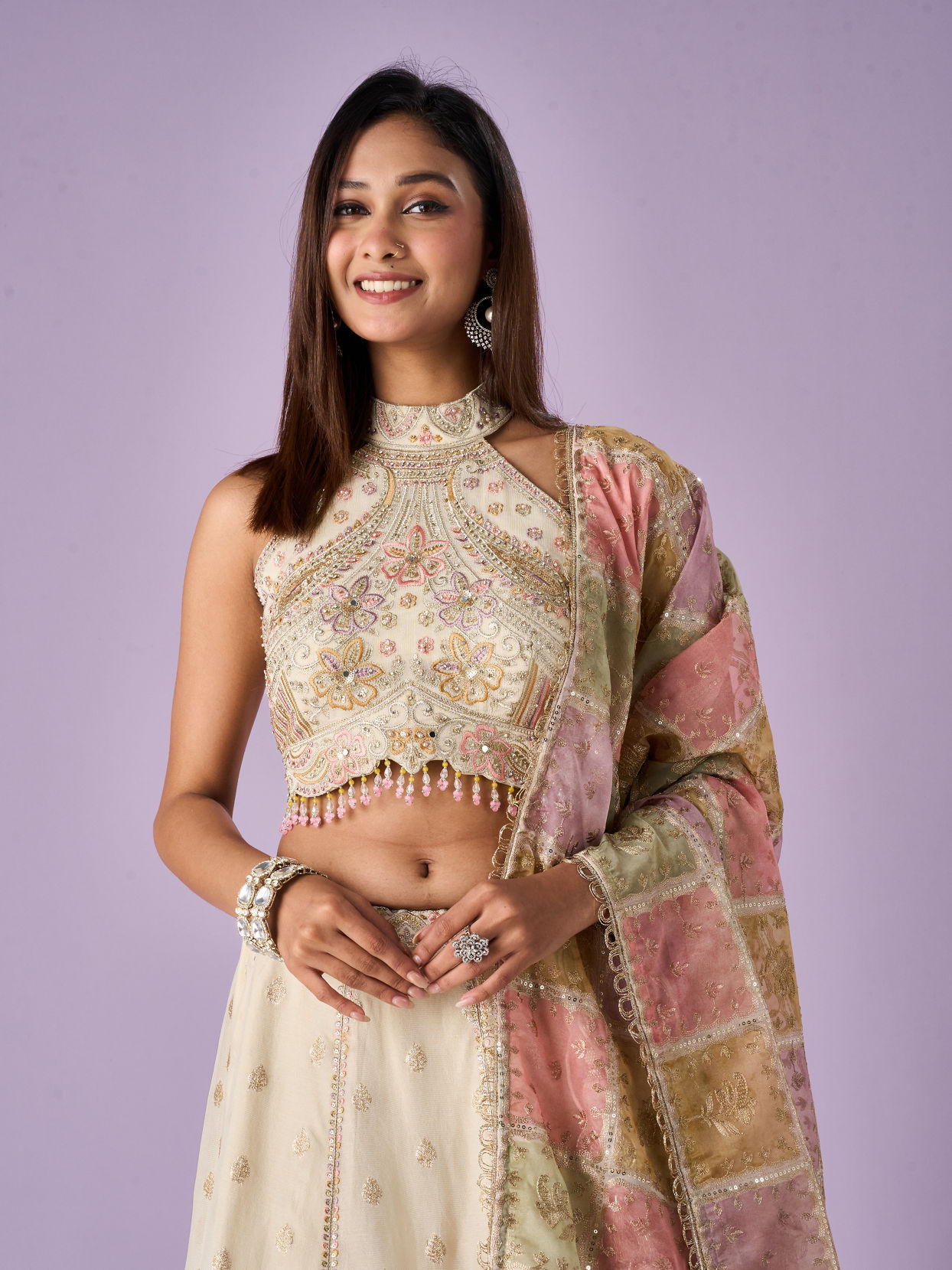Mohey Women Cream Tissue Lehenga with Mirror Work