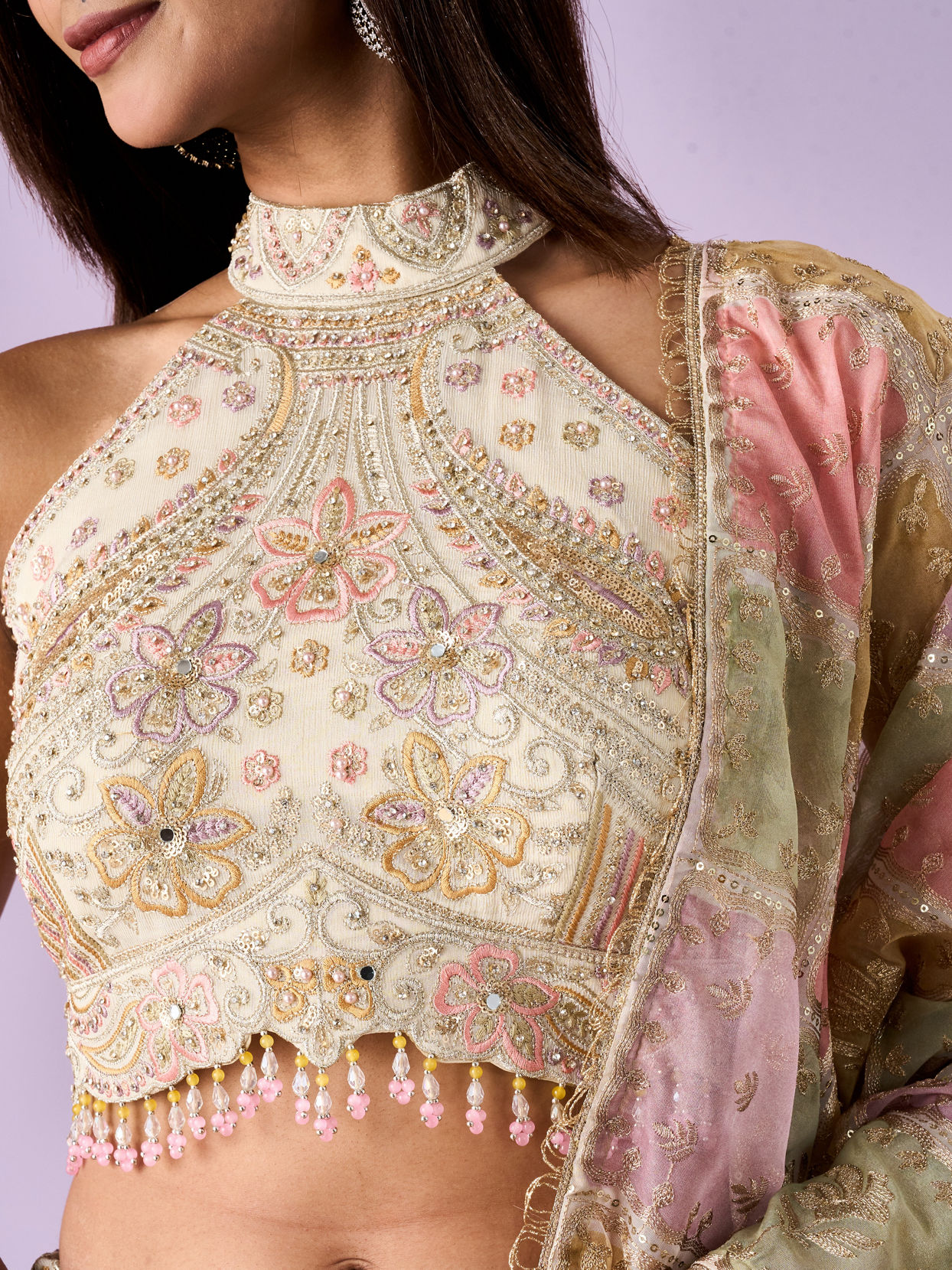 Mohey Women Cream Tissue Lehenga with Mirror Work