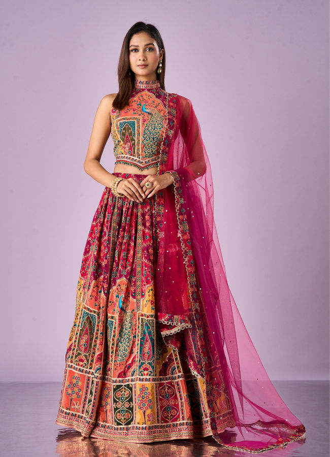 Mohey Women Pink Chinon Printed Lehenga