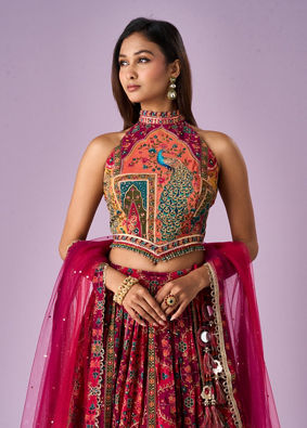 Mohey Women Pink Chinon Printed Lehenga