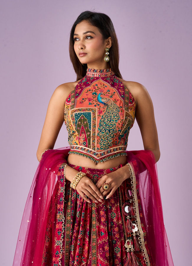 Mohey Women Pink Chinon Printed Lehenga