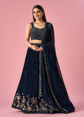 Mohey Women Blue Georgette Lehenga with Hand Embroidery