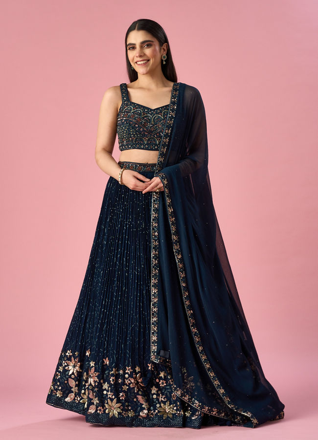 Mohey Women Blue Georgette Lehenga with Hand Embroidery