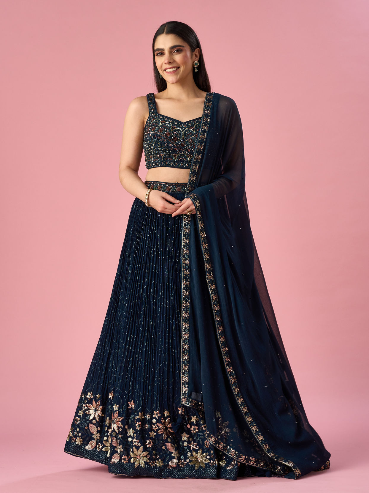 Mohey Women Blue Georgette Lehenga with Hand Embroidery