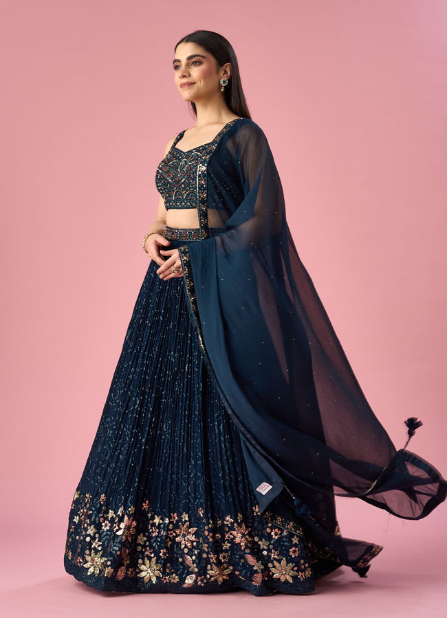 Mohey Women Blue Georgette Lehenga with Hand Embroidery