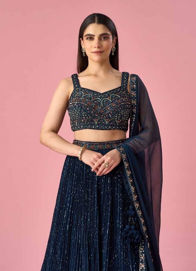 Mohey Women Blue Georgette Lehenga with Hand Embroidery