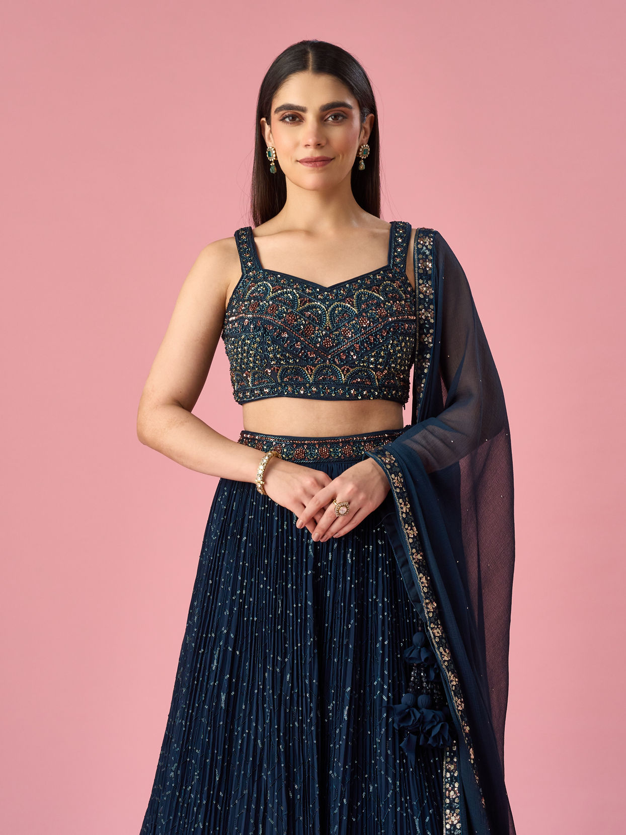 Mohey Women Blue Georgette Lehenga with Hand Embroidery