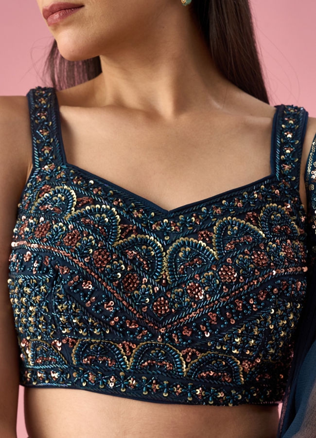 Mohey Women Blue Georgette Lehenga with Hand Embroidery