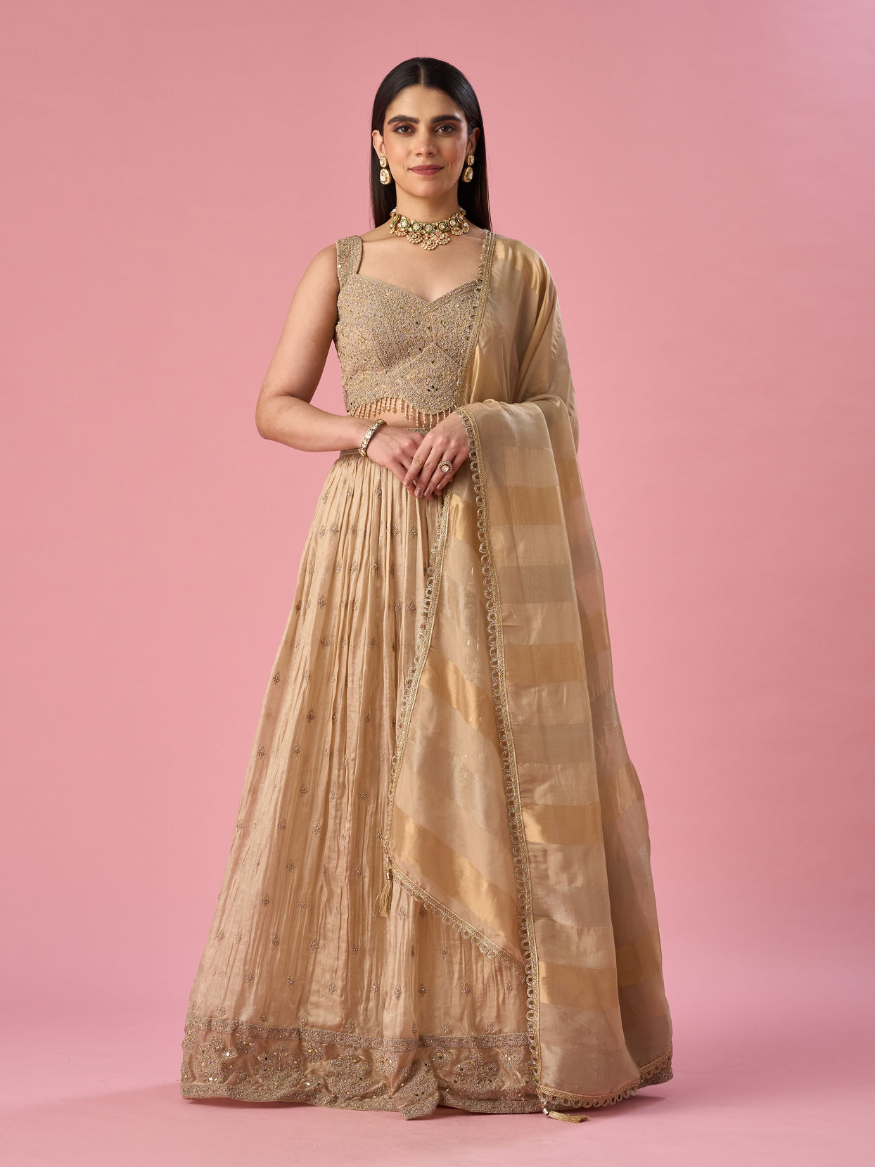 Mohey Women Fawn Organza Lehenga with Moti Work