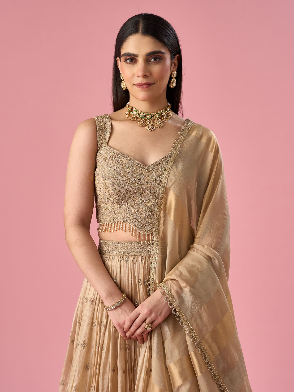 Mohey Women Fawn Organza Lehenga with Moti Work