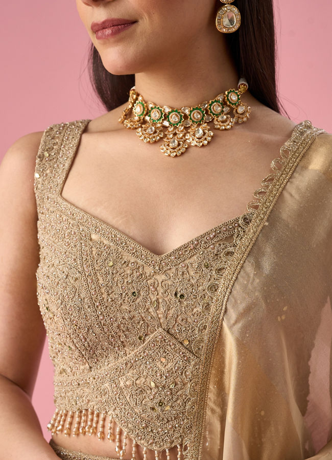 Mohey Women Fawn Organza Lehenga with Moti Work
