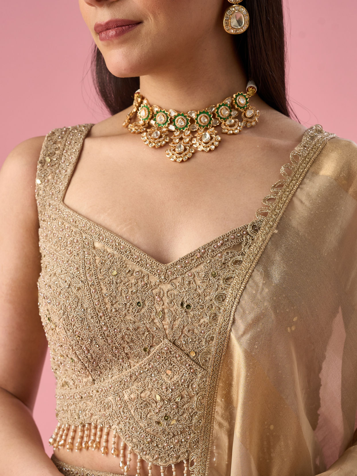 Mohey Women Fawn Organza Lehenga with Moti Work