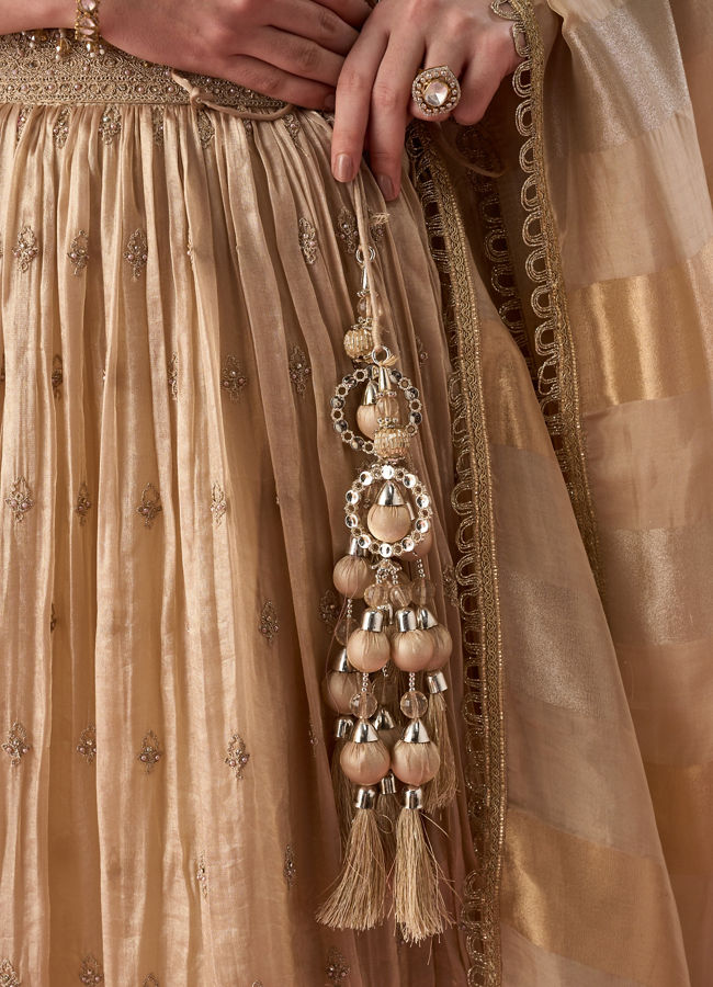 Mohey Women Fawn Organza Lehenga with Moti Work