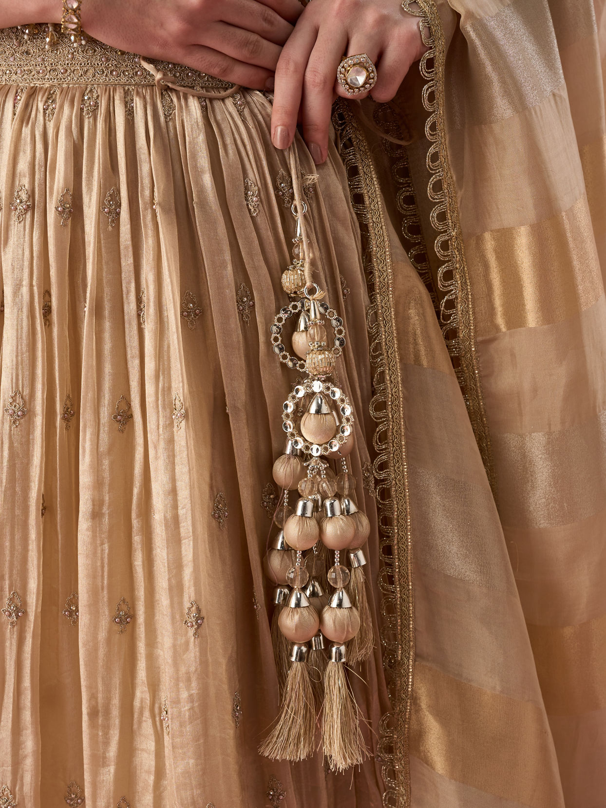 Mohey Women Fawn Organza Lehenga with Moti Work