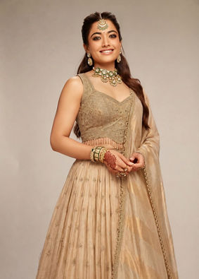 Mohey Women Fawn Organza Lehenga with Moti Work