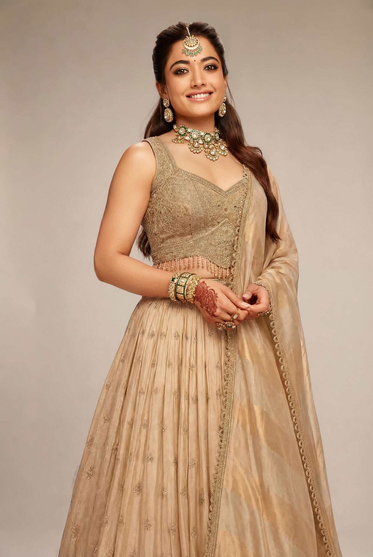 Mohey Women Fawn Organza Lehenga with Moti Work