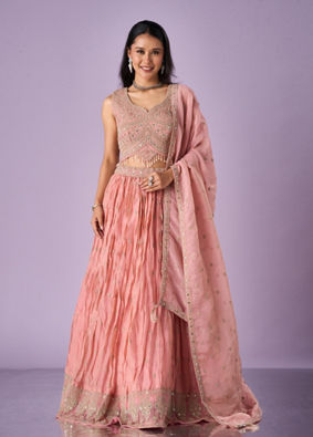 Mohey Women Pink Organza Lehenga with Hand Embroidery